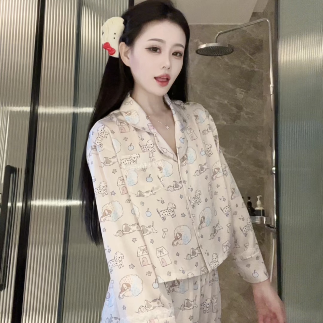可爱卡通小狗冰丝长袖睡衣秋季新款短装休闲显瘦家居服套装可外穿
