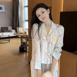 春季新款冰丝女长袖睡衣套装可外穿家居服条纹可爱狗狗减龄显瘦