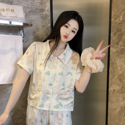 夏季新款减龄可爱卡通印花冰丝睡衣短袖女高级感家居服套装可外穿