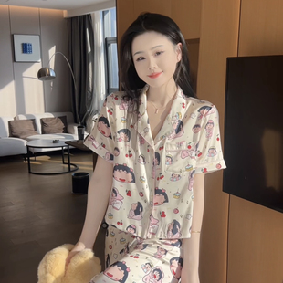 可外穿 夏季 新款 樱桃小丸子冰丝短袖 睡衣女可爱减龄显瘦家居服套装