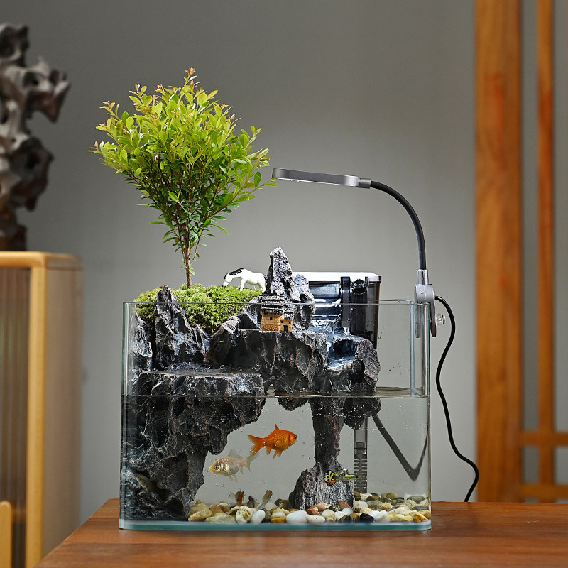 鱼缸生态造景绿植赤楠铁树盆景流水摆件过滤循环水客厅办公室桌面