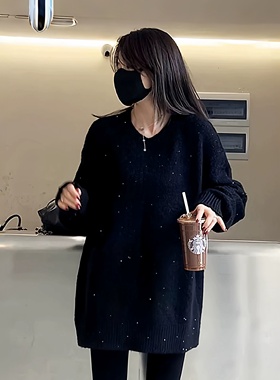 高级感亮丝黑色毛衣女秋冬加厚可外穿中长款慵懒针织衫遮屁股上衣