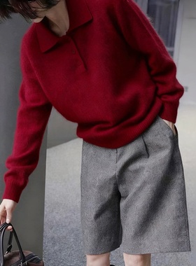 氛围感圣诞新年红色翻领正肩针织衫女秋冬气质polo衫毛衣内搭上衣