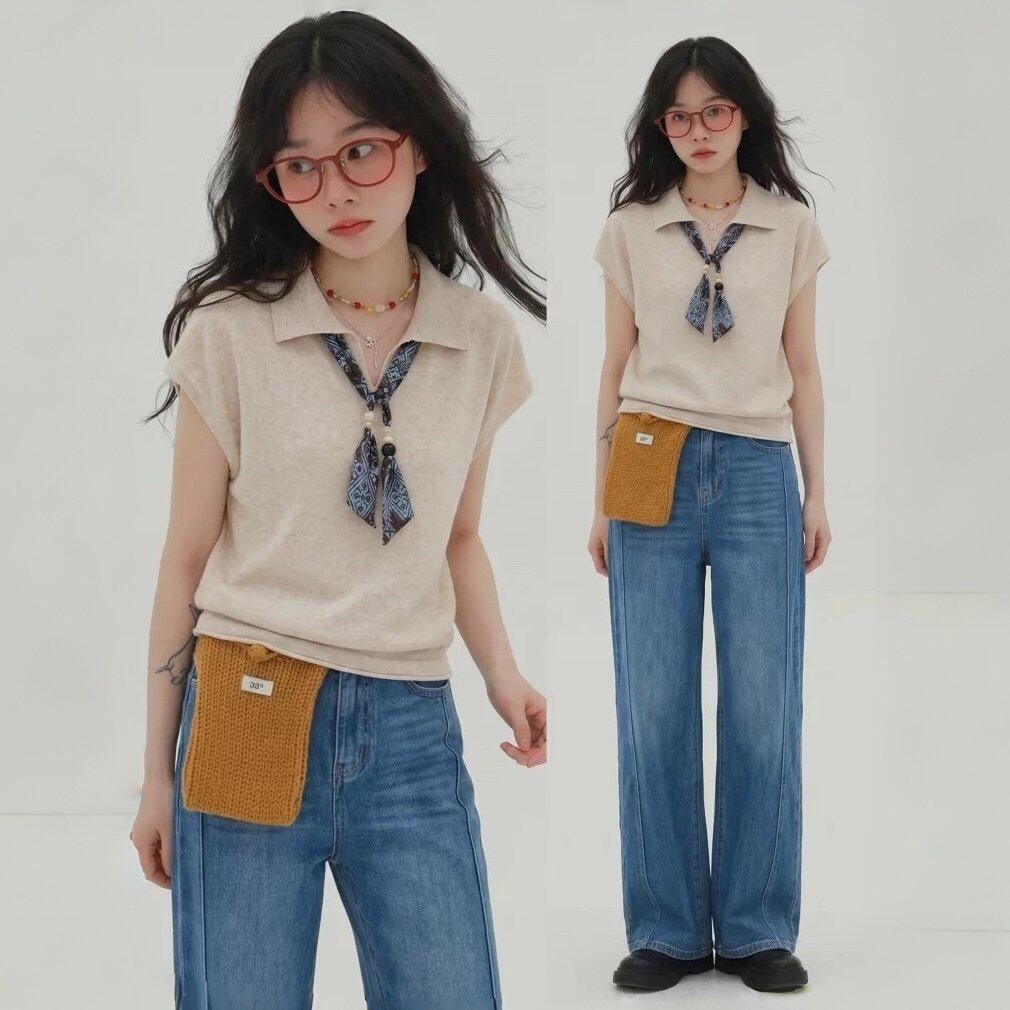 休闲简约燕麦色polo领针织短袖t恤女夏季设计感配丝巾小飞袖上衣