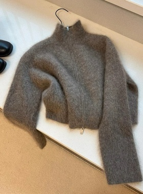 欧货咖色立领仿水貂绒拉链针织开衫女秋冬季加厚慵懒毛衣外套上衣