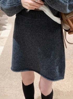韩系灰色羊毛a字针织半身裙女秋冬高级感小个子毛呢高腰包臀中裙