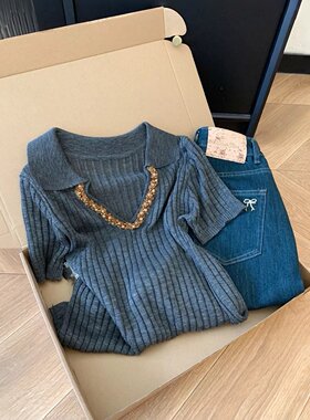 韩系深灰色v领钉珠亮片针织短袖T恤女夏季高级感气质polo翻领上衣