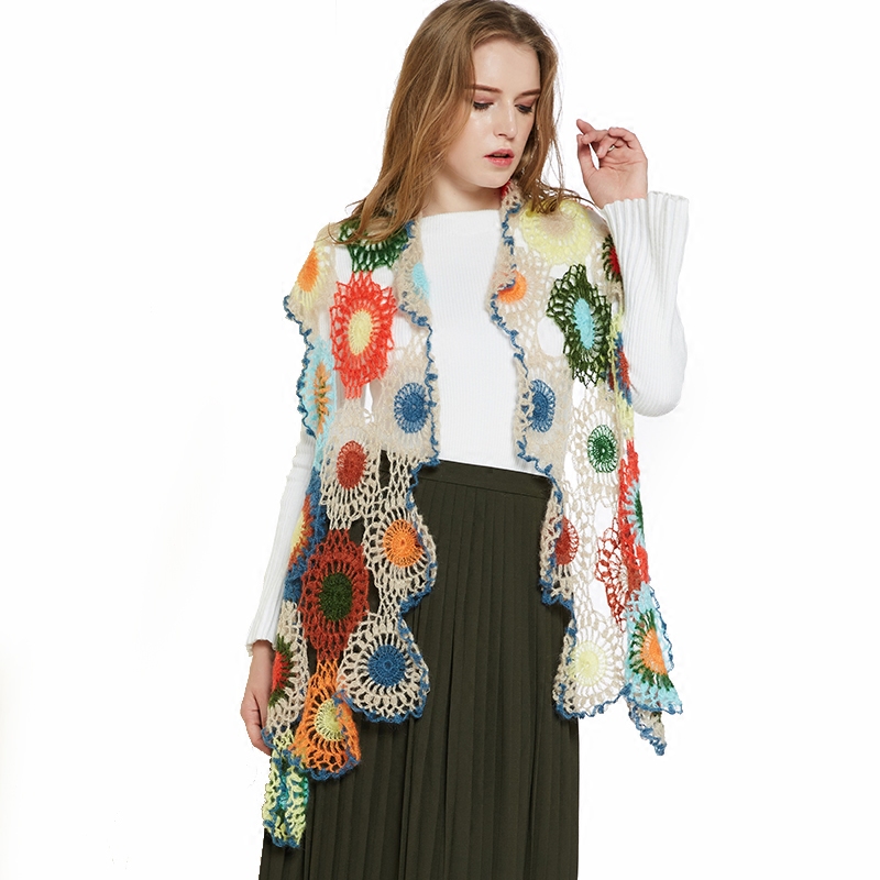 细柳拼接撞色钩花马海毛长围巾