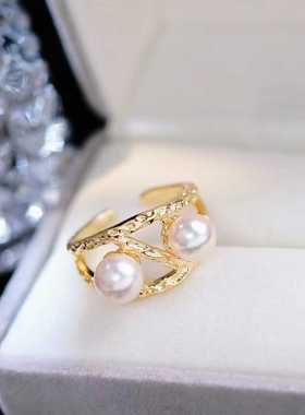 s925纯银戒指环 银饰双珠开口可调节珍珠戒指托DIY手工制作银配件