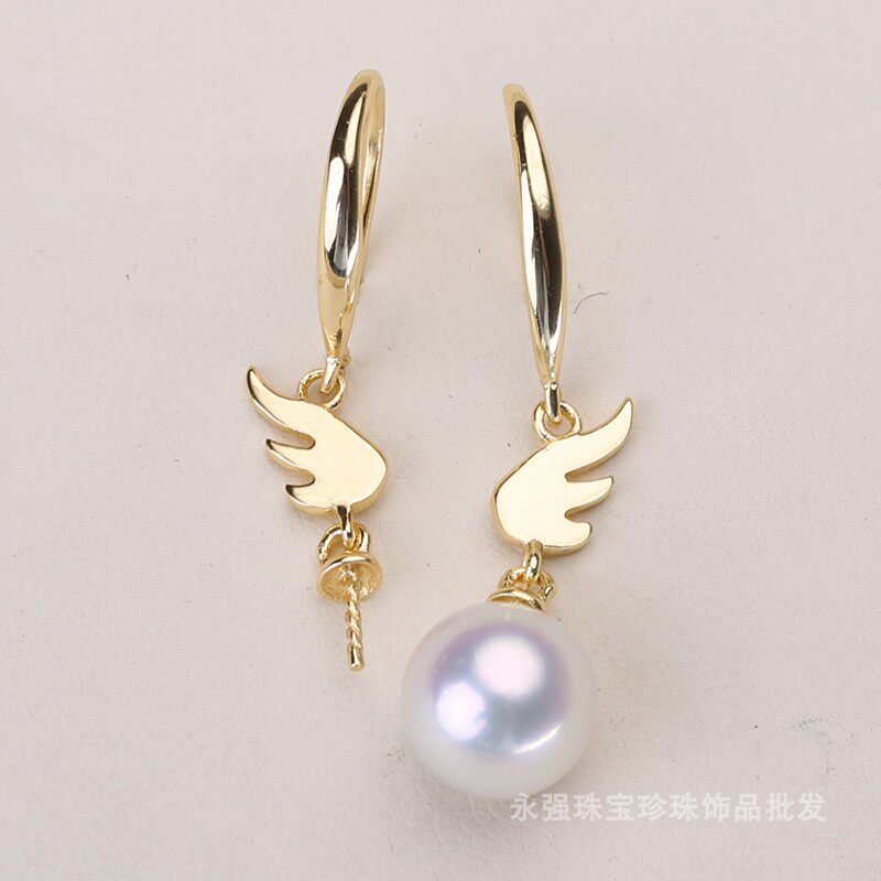 diy饰品配件 s925纯银天使翅膀珍珠耳钉耳钩耳环配饰空托手工制作