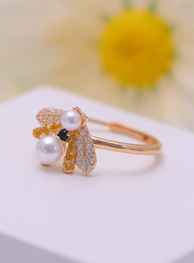 s925纯银银饰戒指配件珍珠饰品diy手工制作双珠蜜蜂开口戒指空托