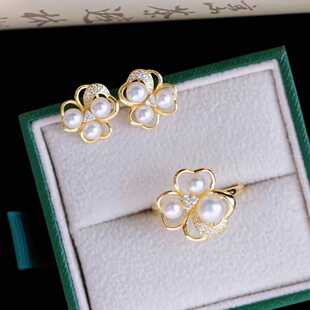 s925纯银耳钉戒指两件套配件 diy手工制作珍珠多珠指环空托饰品