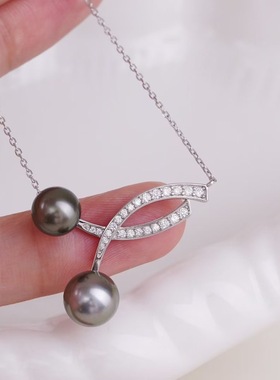 珍珠吊坠配件 s925纯银含项链 双珠配件套链 diy项坠空托手工制作