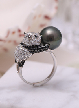 DIY珍珠配件珠宝饰品戒指银饰s925纯银熊猫戒指开口可调节大小