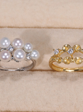 s925纯银戒指环 银饰多珠开口可调节珍珠戒指托DIY手工制作银配件