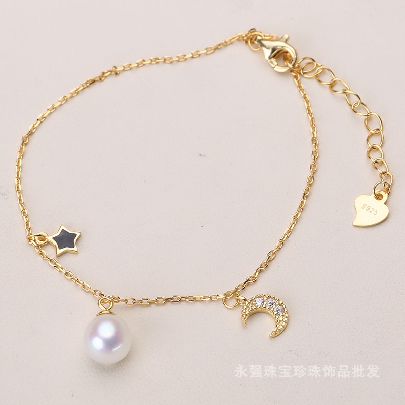 s925纯银手链 diy手工饰品 半成品串半孔星月珍珠手饰o字链延长款