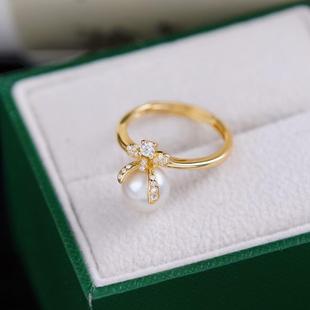 s925纯银戒指环 银饰蝴蝶结开口珍珠戒指托DIY手工制作银配件空托