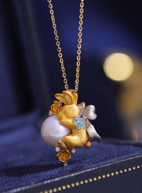 DIY手工制作珍珠项坠吊坠银饰 s925纯银哑光分色兔子挂坠空托配件