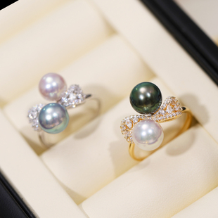 s925纯银戒指托配件diy手工制作珍珠饰品双珠蝴蝶结开口指环空托