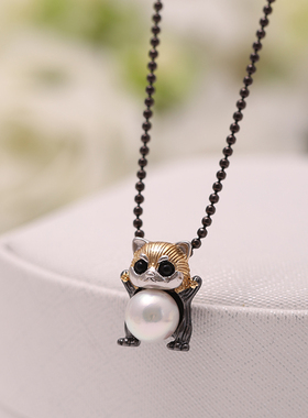 DIY手工制作珍珠项坠枪黑卡通小猫吊坠银饰s925纯银吊坠空托配件
