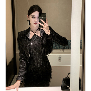 实拍 新款女装气质名媛风亮闪闪流须珠片翻领百搭长袖外套