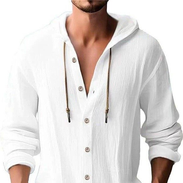 男士连帽抽绳仿棉麻衬衫欧美简约纯色宽松长袖休闲开衫沙滩薄外套