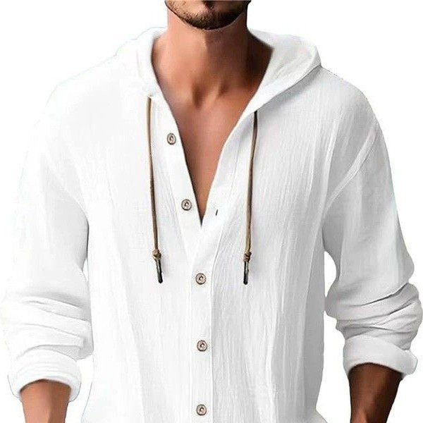 男士连帽抽绳仿棉麻衬衫欧美简约纯色宽松长袖休闲开衫沙滩薄外套,男装,衬衫,淘宝优惠券,粉丝福利购,淘宝优惠卷