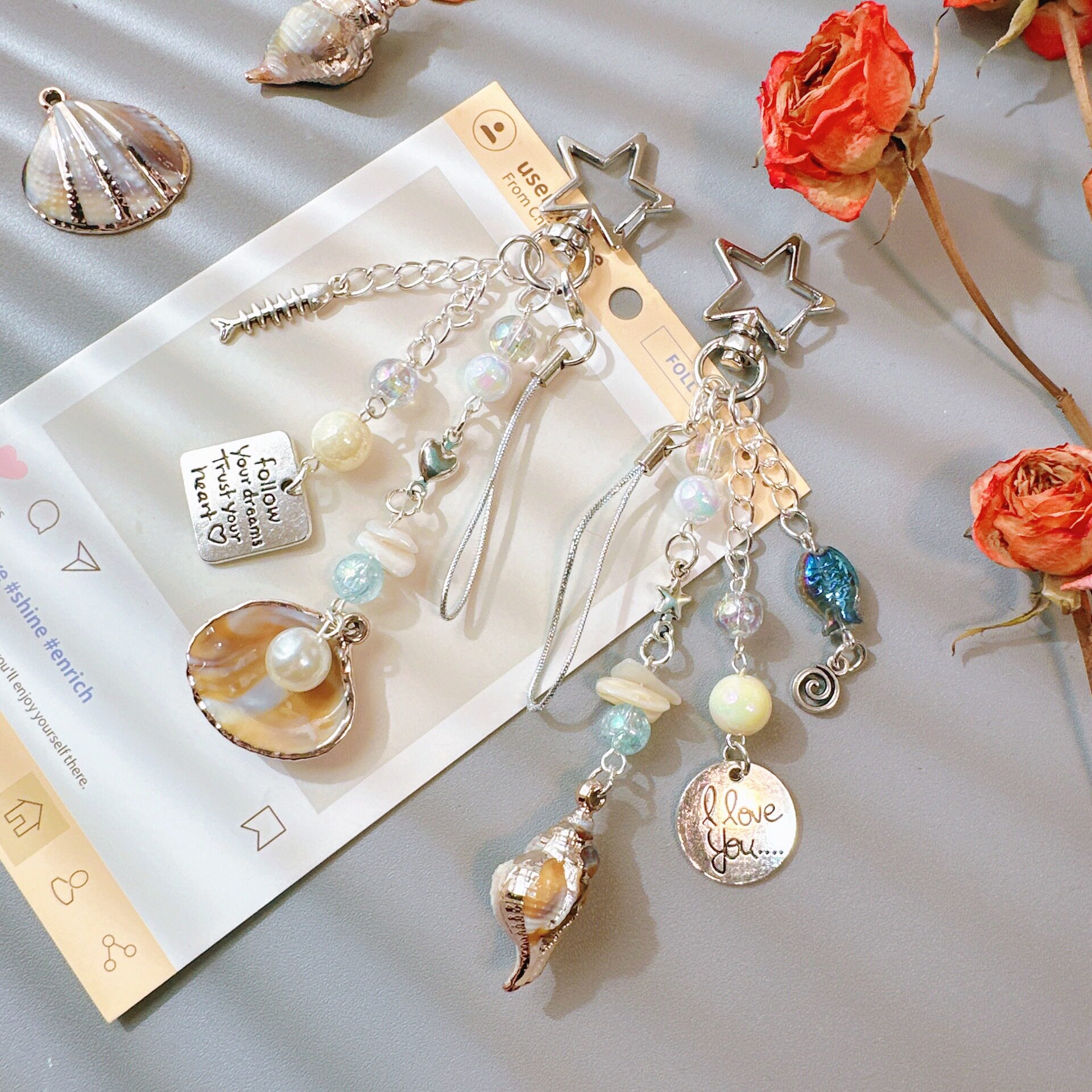 高级感镶金边丝线贝壳海螺珍珠咕本挂件手机链背包挂饰