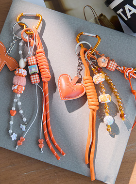 罗马风重工立体充棉皮革爱心橙色miu系手工编织度假包包挂饰件