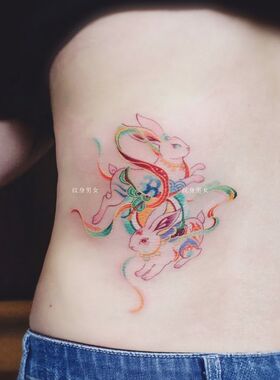 国风宝相花灵兔纹身贴ins小众辣妹遮疤彩色敦煌丝带兔子手腕贴画