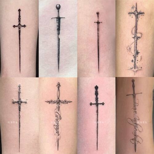 暗黑系利刃十字果汁草本纹身贴 花体英文小众高级感手臂刺青贴纸