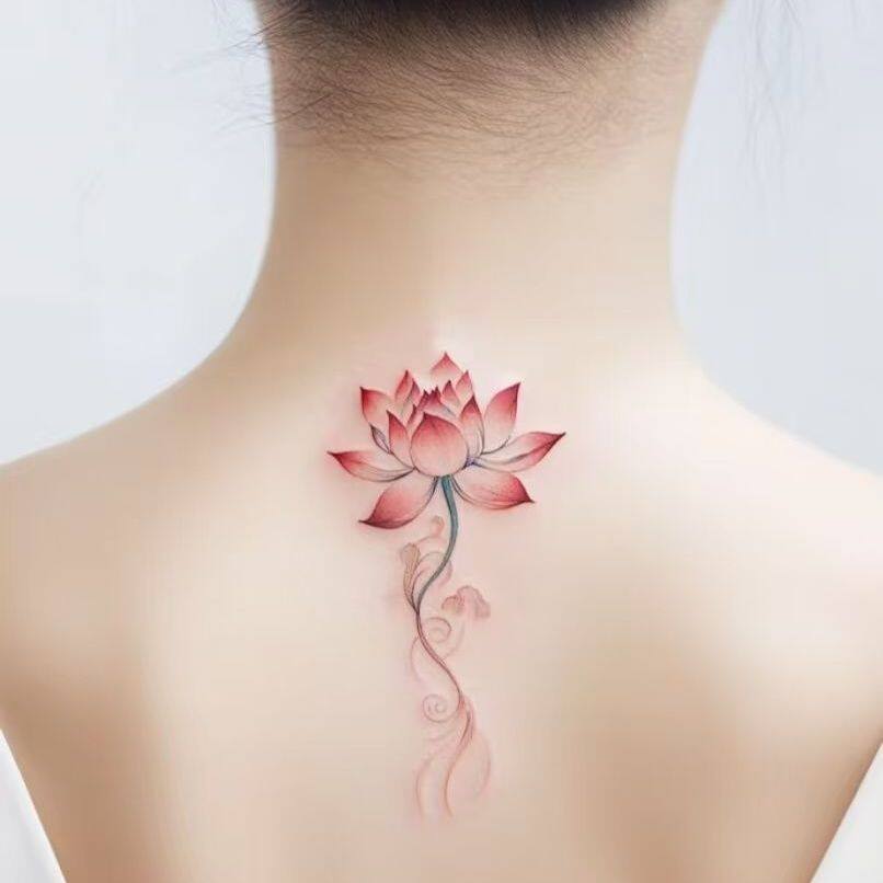 国风莲花彩色纹身贴防水持久仿真刺青后背花臂个性纯欲设计感