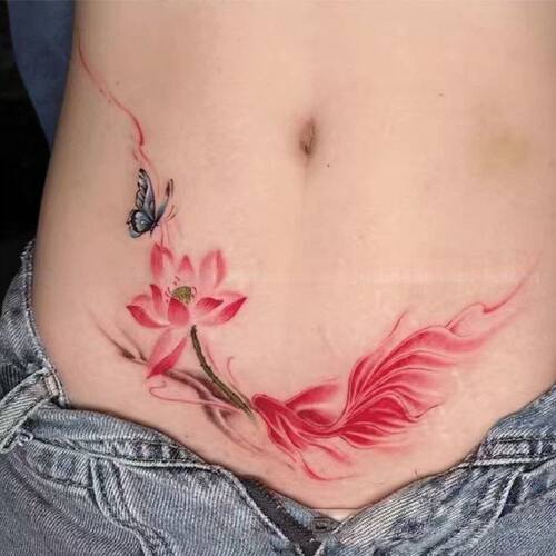 新款侧畔生花彩色莲花性感锦鲤遮疤纹身防水持久高级感遮腹部疤痕