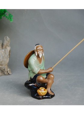 鱼翁陶瓷人物假山造景姜太公摆件
