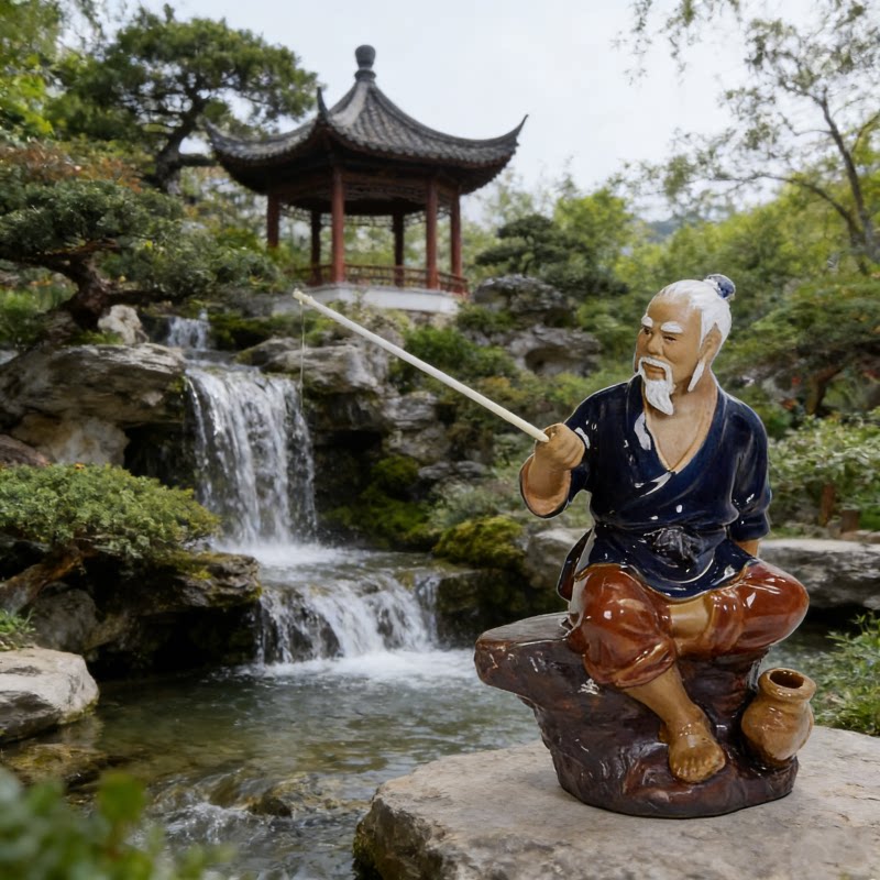石湾公仔座渔夫姜太公钓鱼造景陶瓷摆件大型假山盆景鱼池装饰品 - 实物图