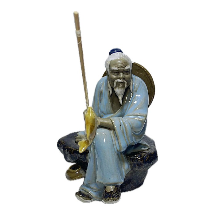 石湾公仔陶瓷摆件创意工艺品假山盆景鱼缸姜太公钓鱼老渔翁送礼品
