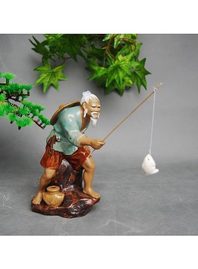 中式园艺茶宠姜太公钓鱼陶瓷人物摆件渔夫钓鱼园林鱼缸石湾公仔