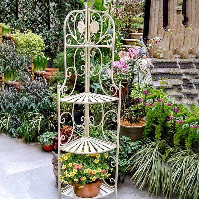 复古落地花架书架铁艺收纳置物架阳台多层搁板架子可折叠花盆角架