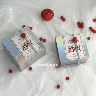 原创圣诞节礼品包装 饰盒 盒银色渐变反光复古红圣诞老人铃铛卡片装