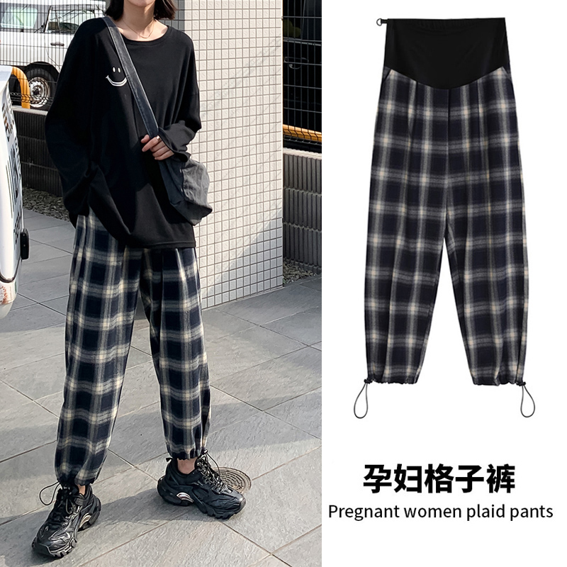 孕妇装秋冬季加绒外穿打底运动裤子春秋托腹阔腿裤哈伦格子九分裤