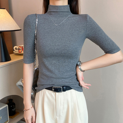 螺纹半高领中袖t恤女春夏