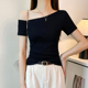 一字斜肩黑色短袖 百搭显瘦上衣 露肩打底衫 t恤女春夏2025新款 修身
