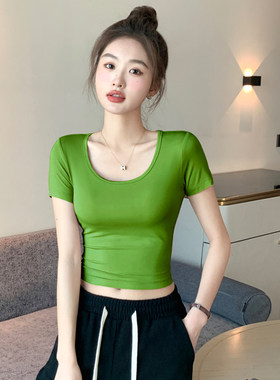 牛油果绿短袖t恤女紧身纯棉短款