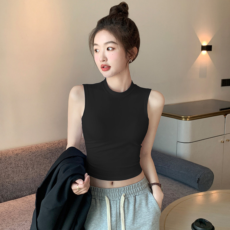 黑色工字背心女夏外穿中领短款小吊带上衣半高领坎肩无袖t恤内搭