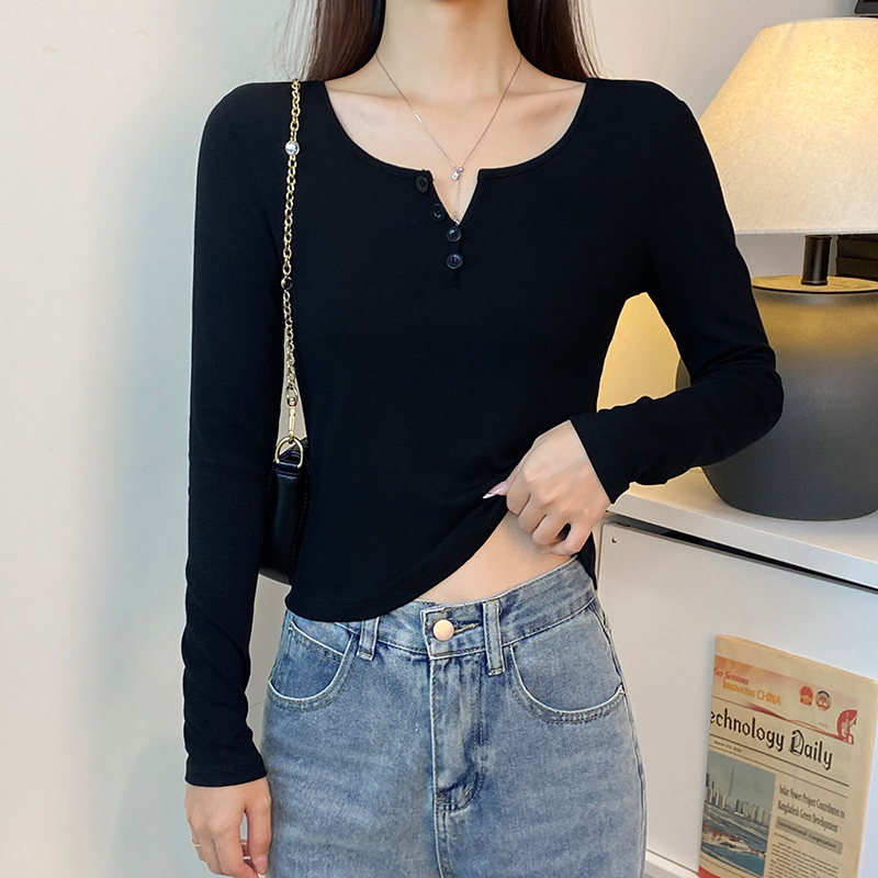 小V领纽扣长袖t恤女春秋