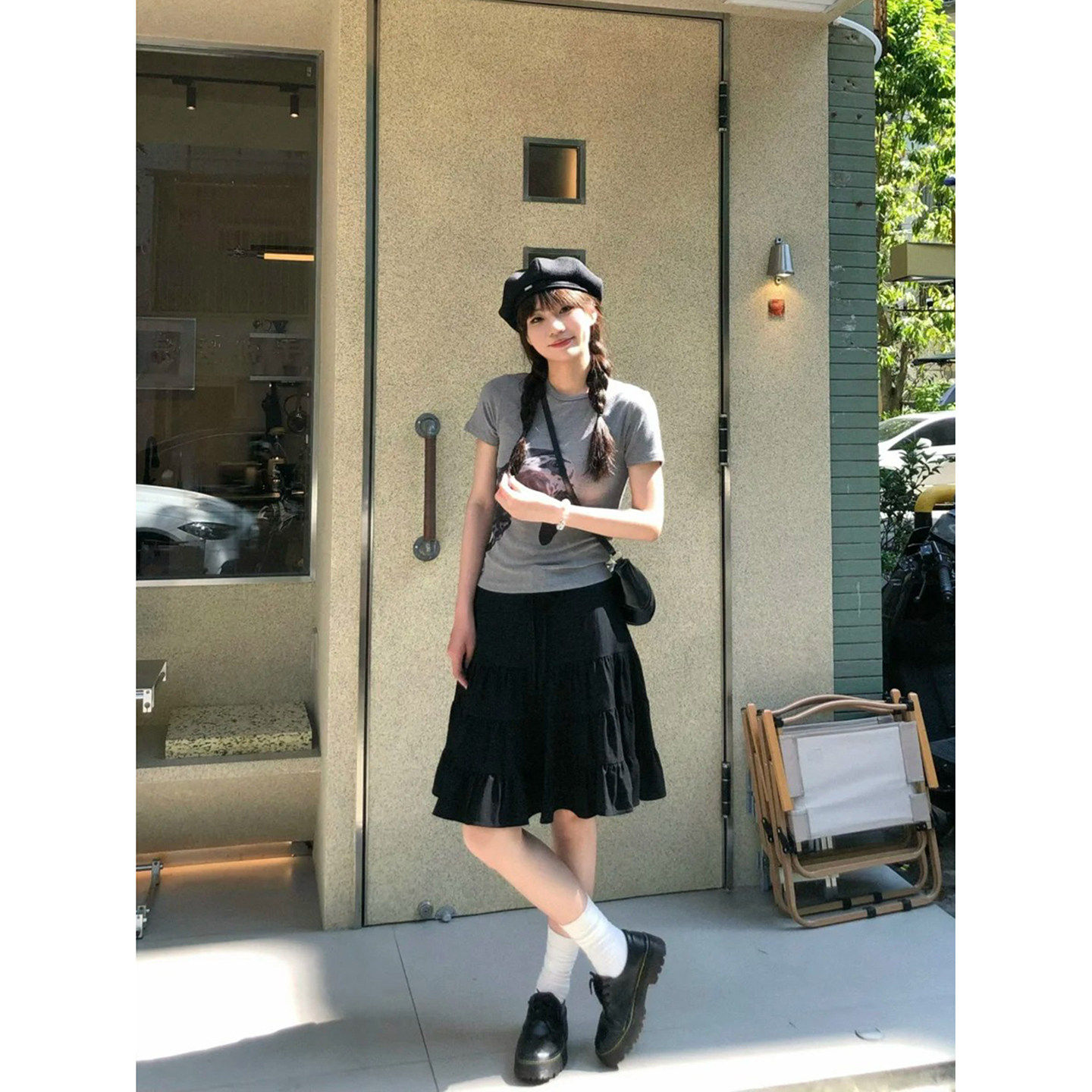 自制日系甜美黑色拼接半