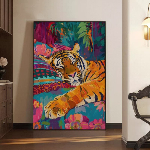 法彩多巴胺慵懒老虎简约现代高级感办公室酒店玄关装饰画客厅挂画