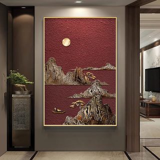 新中式玄关装饰画山水画客厅入户背景墙挂画创意肌理走廊过道壁画
