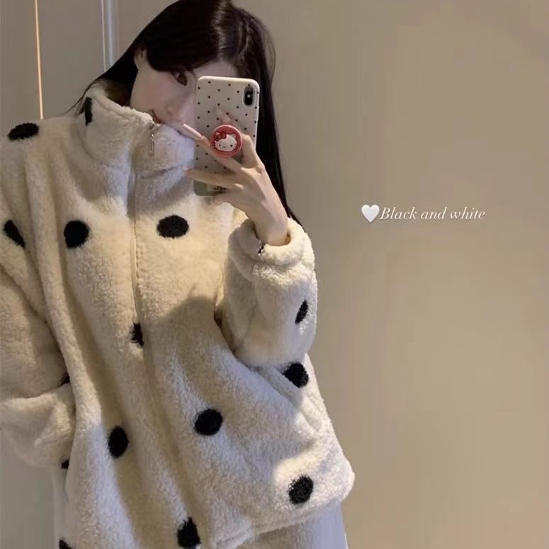 休闲黑色圆点白底加厚冬季家居服保暖加厚上衣裤子套装束口保温