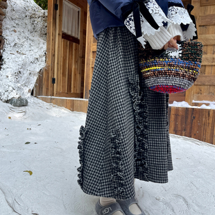 heidy海蒂 580克重100羊毛格纹手工木耳边半身裙显瘦松紧带半裙女